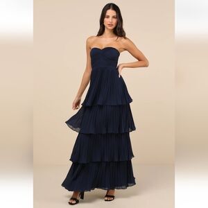 Lulus NWT Seriously Sensational Navy Blue Strapless Tiered Maxi Dress Size XL